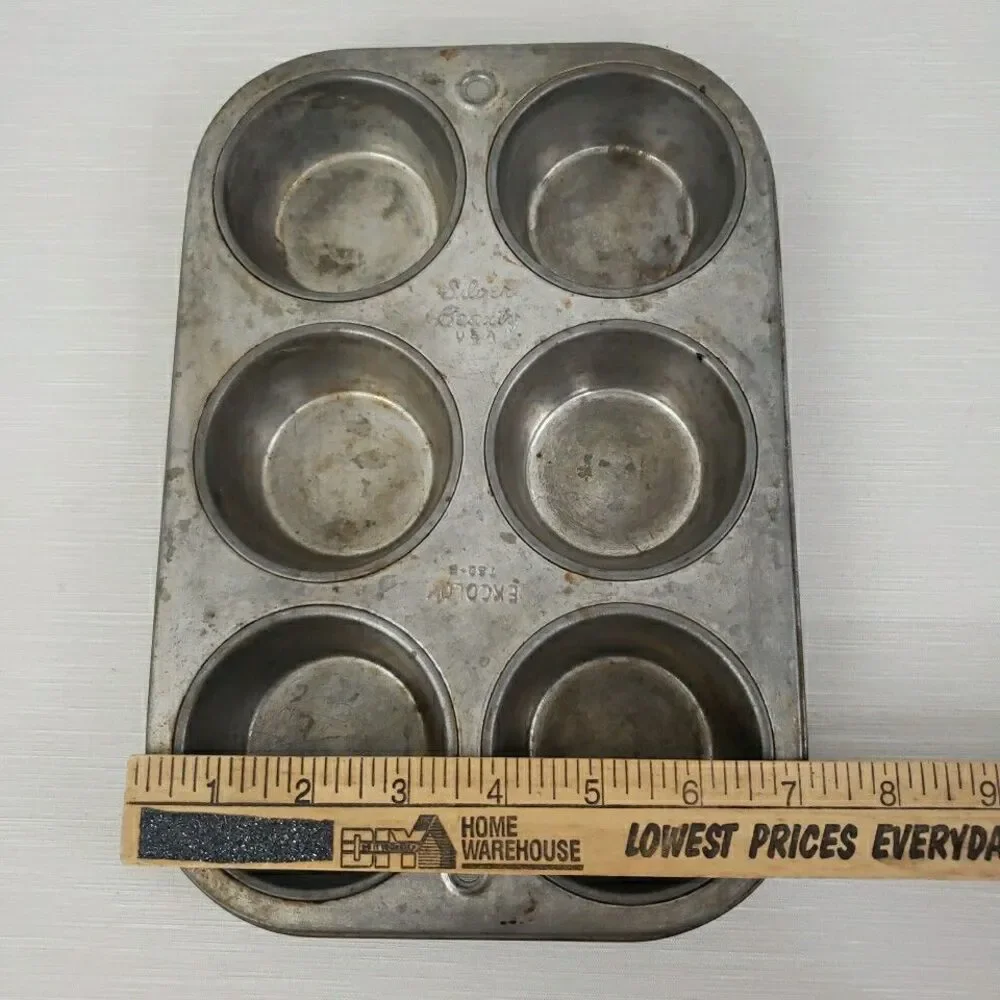 Ekcology T60.6 Silver Beauty Muffin Tin 6 Cups VTG USA Bakeware Primitive MCM